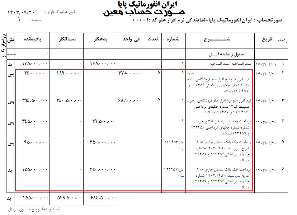 گزارش صورتحساب اشخاص با ریز کالا و چکها در نرم افزار هلو